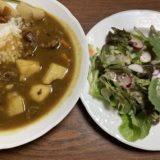 牛すじカレーと塩麹ドレッシングで食べるサラダの献立